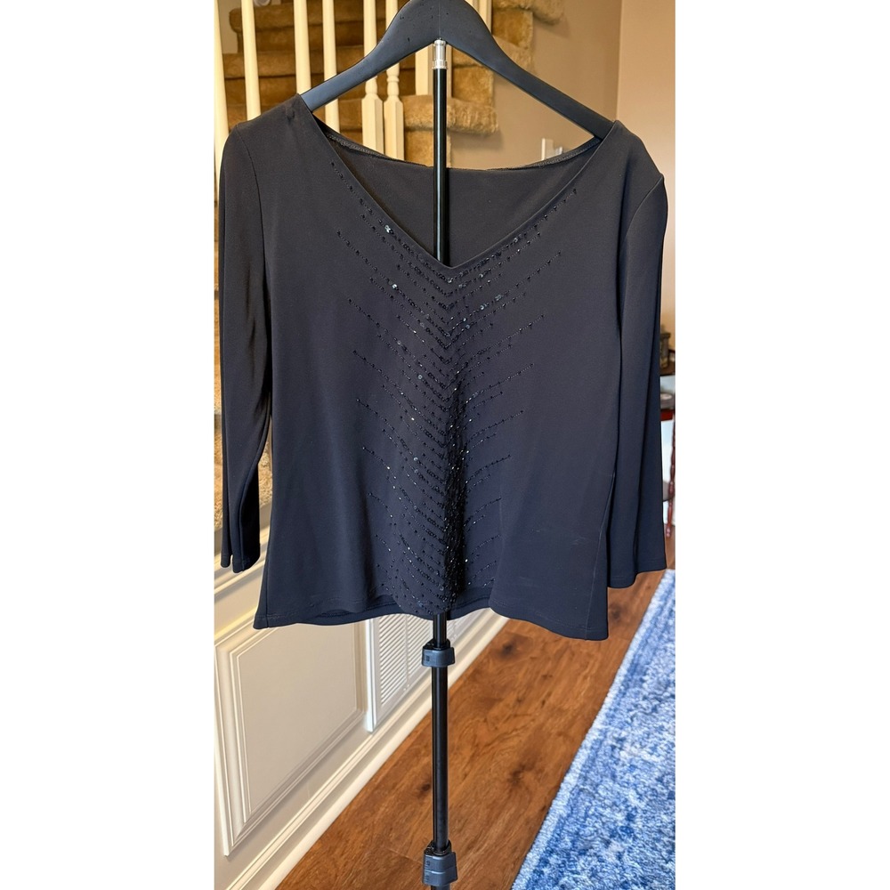 Due per Due Collection Black Sequin V-Neck Knit Top 3/4 Sleeve NWT T43411 L